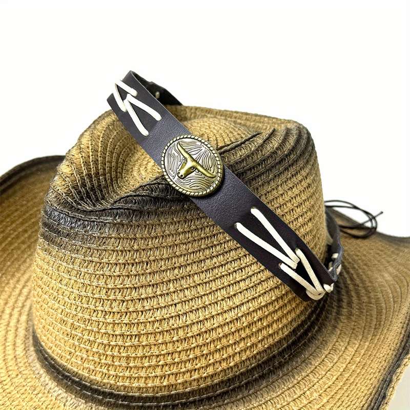 1pc Western Cowboy Hat with Stylish Bull Skull Design Faux Leather Band Polyester Woven Stra