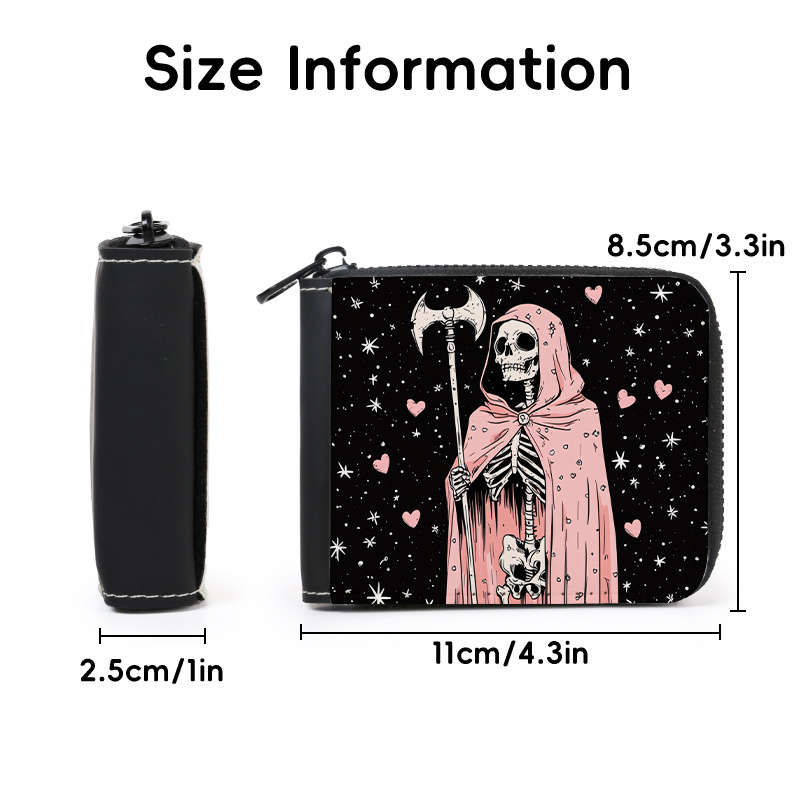 1pc Grim Reaper Pink Skull Print Wallet with 9+2 Card Slots C Stylish Zippered Purse for Everyday U