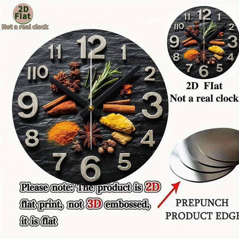 1pc 2D Flat Non-Real Clock Modern Spice-Themed Wall Clock with Black Glossy Stone Design Aluminum