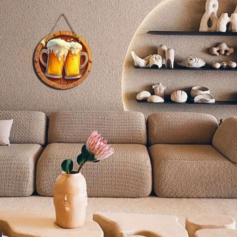 1pc Round Wooden Sign with a Beer Theme Featuring High-Definition 2D Wood Art Vintage Decor Suitable