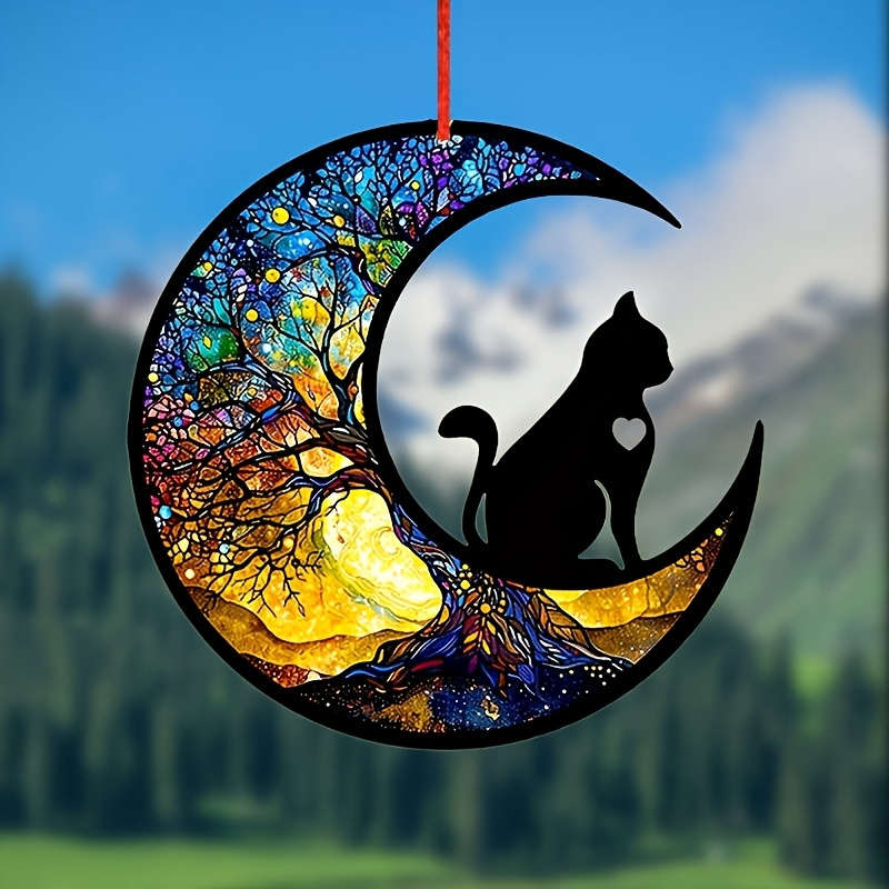 1pc 2D Flat  Stained Glass Style Cat Moon Acrylic Sun Catcher Vibrant Bohemian Window Hanging wit
