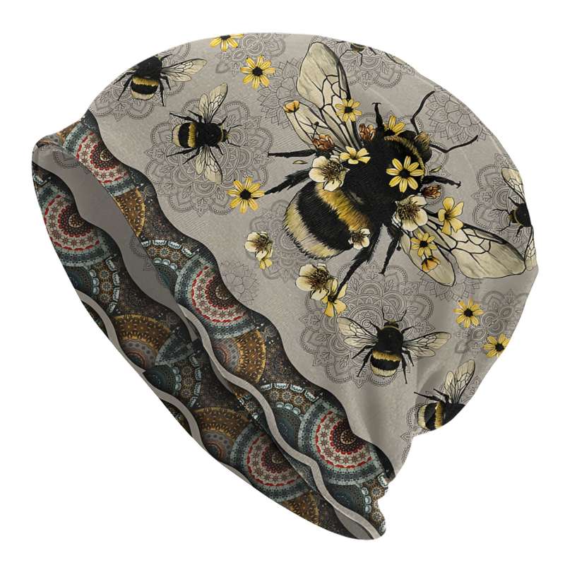 1pc Fashionable Men'S Novelty Bee and Floral Print Skull Cap Polyester Knit Beanie with Elast