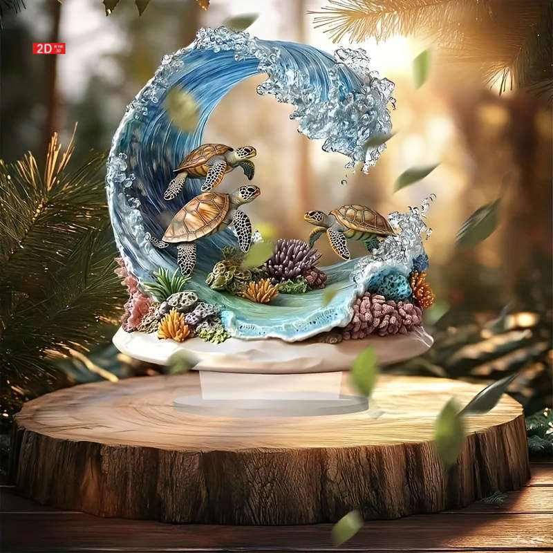 1pc 2D Flat  Bohemian Style Crystal Sea Turtle Wave Decor Plaque Vibrant Oceanic Scene with Color