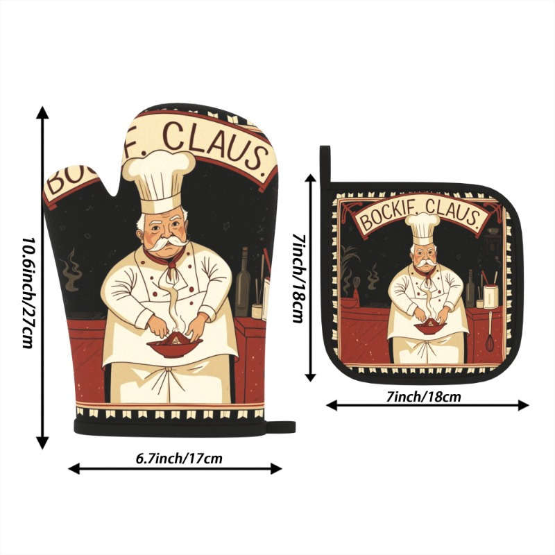 2pcs Retro Chef Oven Gloves and Pot Mats Heat Resistant Vintage Kitchen Decor Suitable for