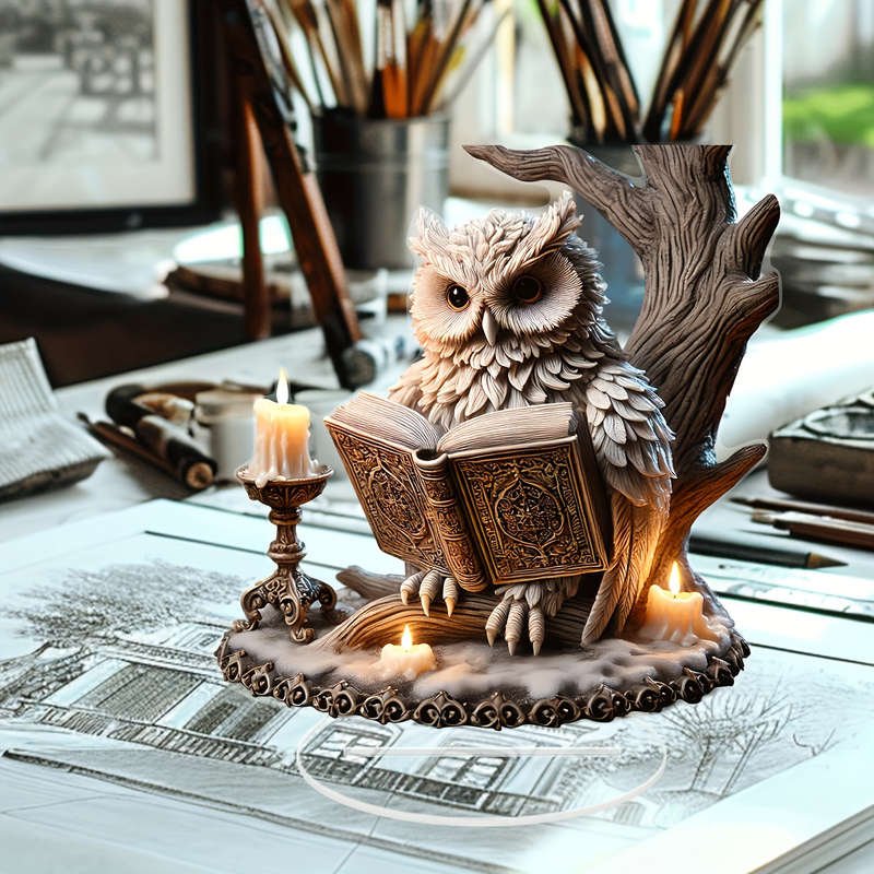1pc 2D Flat  Retro Crystal Owl Reading Sculpture-  Acrylic Desktop Decoration Whimsical Animal T