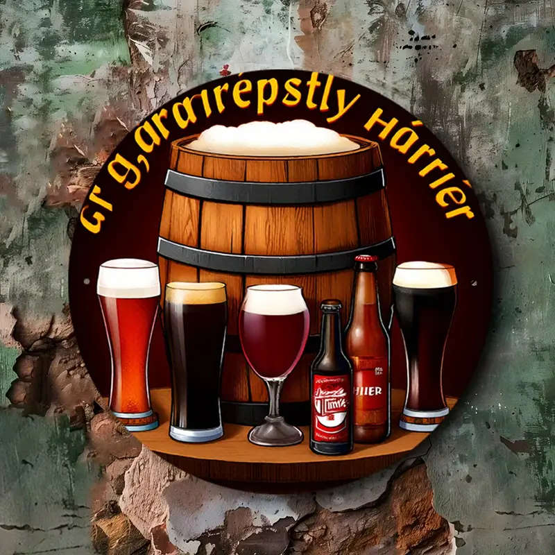 1pc Vintage Beer Barrel Glasses Wall Decor 19.81cm Round Aluminum Sign Rustic Brewing Theme Durable
