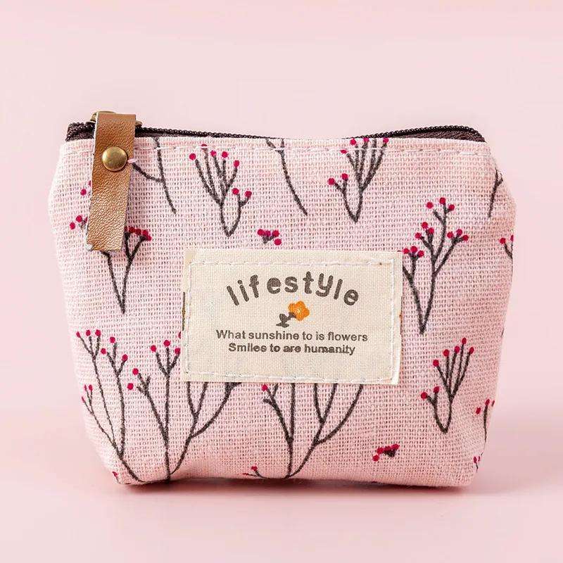 1pc Chic Floral Canvas Coin Purse Key Pouch Compact Zippered Wallet with Earphone Storage Ligh
