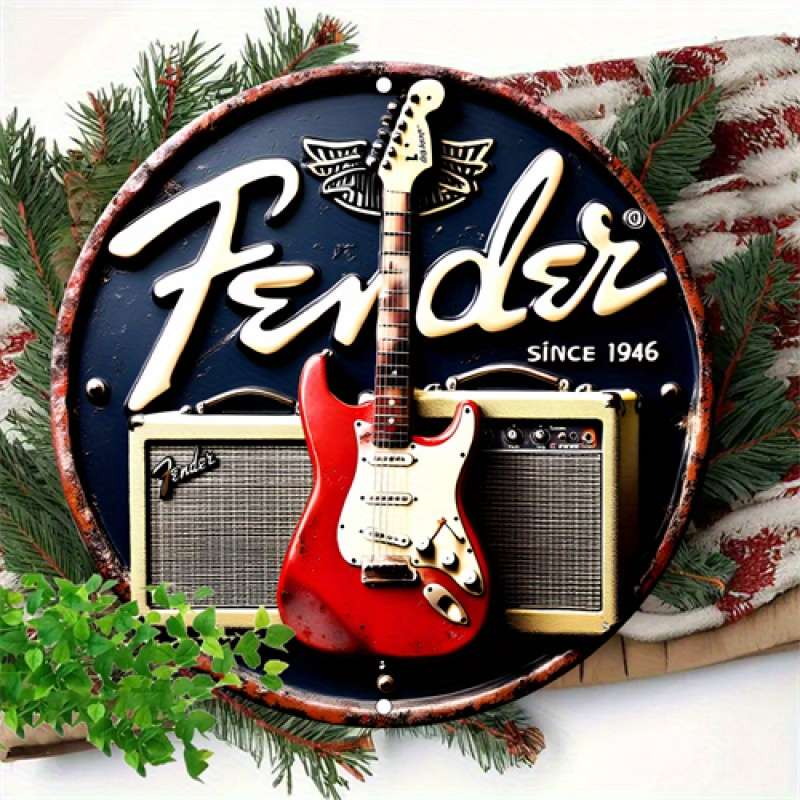1pc  Vintage Fender Guitar Metal Tin Sign 20.32x20.32 cm Round Aluminum Wall Art Retro Music T