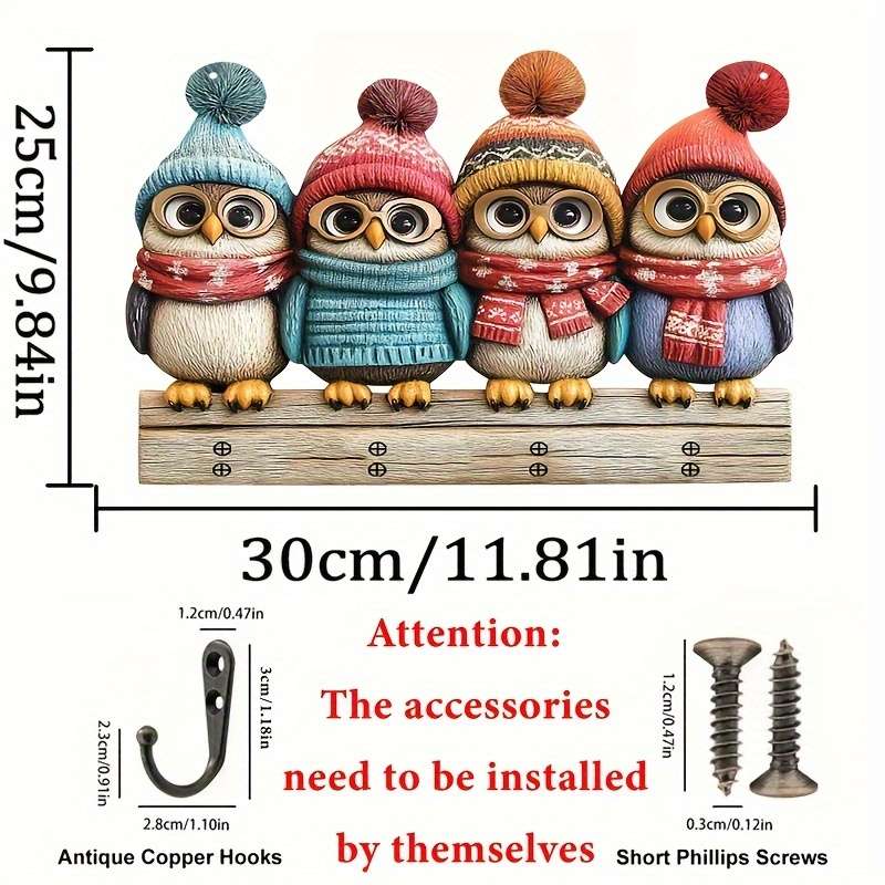 5 Cute Owl Key HoldersColorful Wooden  Home Decor Wall Art with Four Metal Hooks (30.0cm x 24.99
