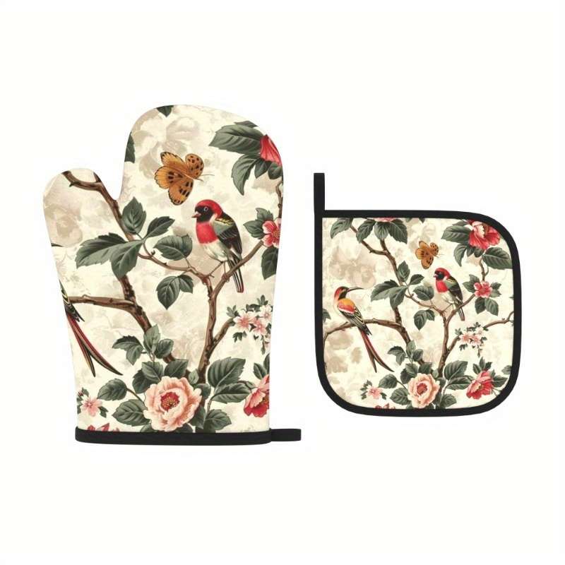 2pcs Floral Oven Mitts and Pot Holders Set Heat Resistant Machine Washable Polyester Ideal