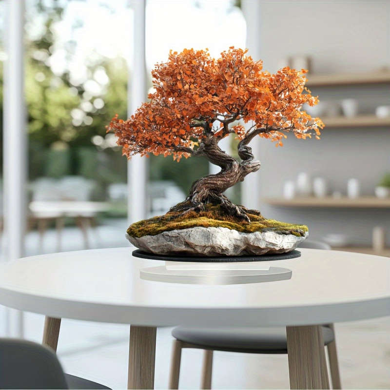 1pc 2D Flat   Acrylic Bonsai Tree with Golden Leaves Sturdy Stone Base Bohemian-Style De