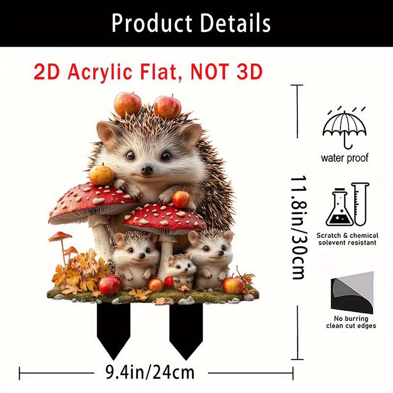 1pc 2D Flat  1-Pack Bohemian Style Crystal Hedgehog Garden Sign Humorous Animal Theme Outdoor Deco