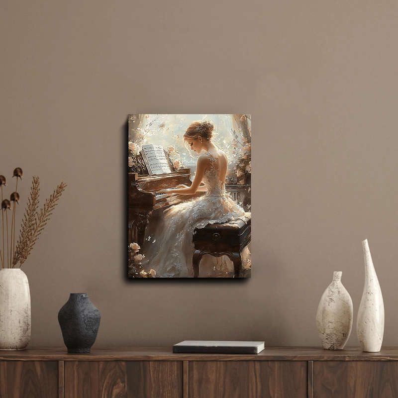 1pc  Elegant Piano-Playing Woman Wall Art Wooden Framed Canvas Print for Wedding Anniversary