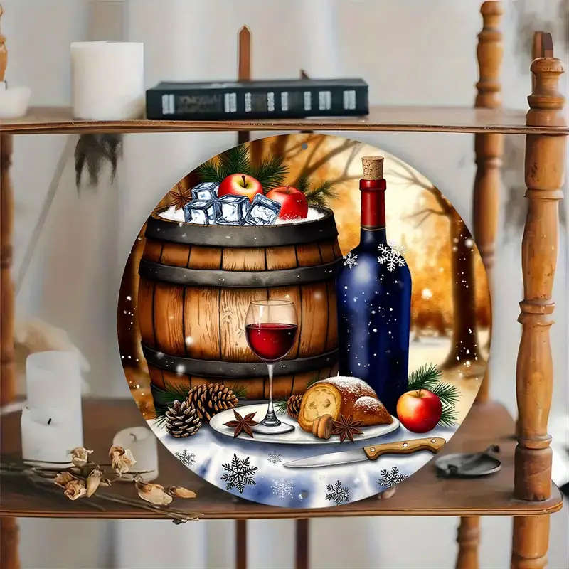 1pc Painting of a Bottle of Wine And a Glass of Wine on Wreath Sign 8-Inch Round Aluminum Sign Perfe