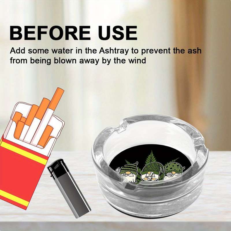 1pc Round Clear Glass Ashtray Black Background with Tri-color Geometric Plant Design Modern Desk