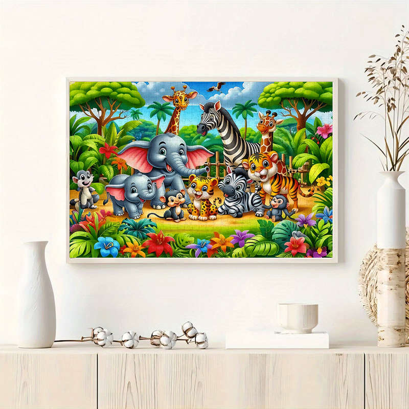 1000pcs Jigsaw Puzzle Jungle Scene with Giraffes Elephants Zebras Vibrant Mixe