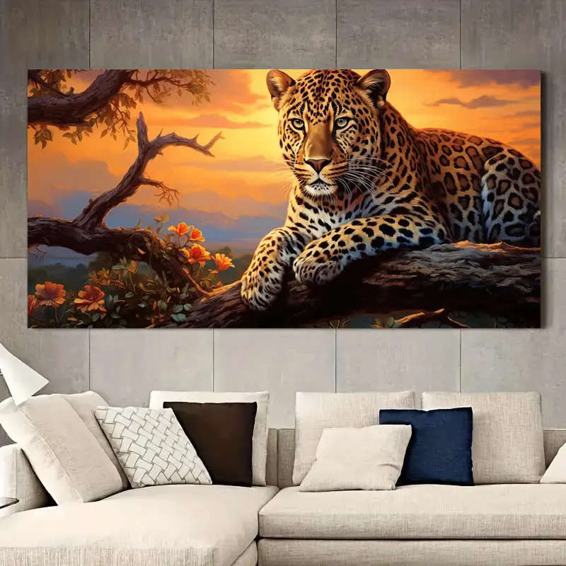 1pc Frameless Modern Abstract Canvas Painting Featuring a Sunset Leopard Design in Golden Suitable f
