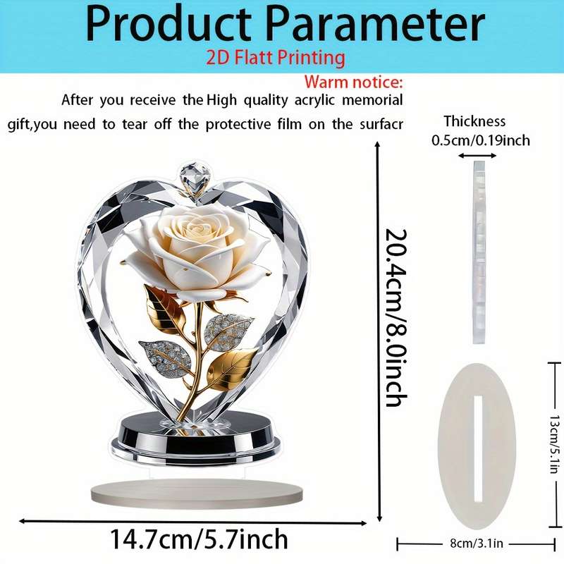 1pc 2D Flat   Acrylic Heart-Shaped White Rose with Golden Leaves Stems Elegant Home Decor for