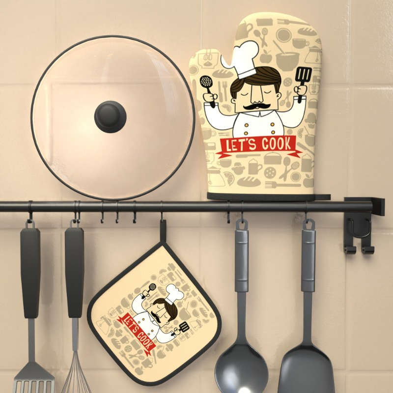2pcs Master Chef Kitchen Oven Mitts and Potholders Set 26.92x17.02 cm Heat Resistant Polyeste