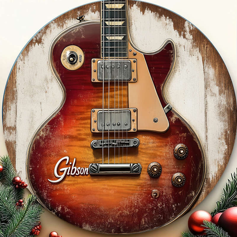 1pc Vintage Gibson Guitar Aluminum Wall Art Sign 19.81x19.81 cm Round Metal Decor with Distressed