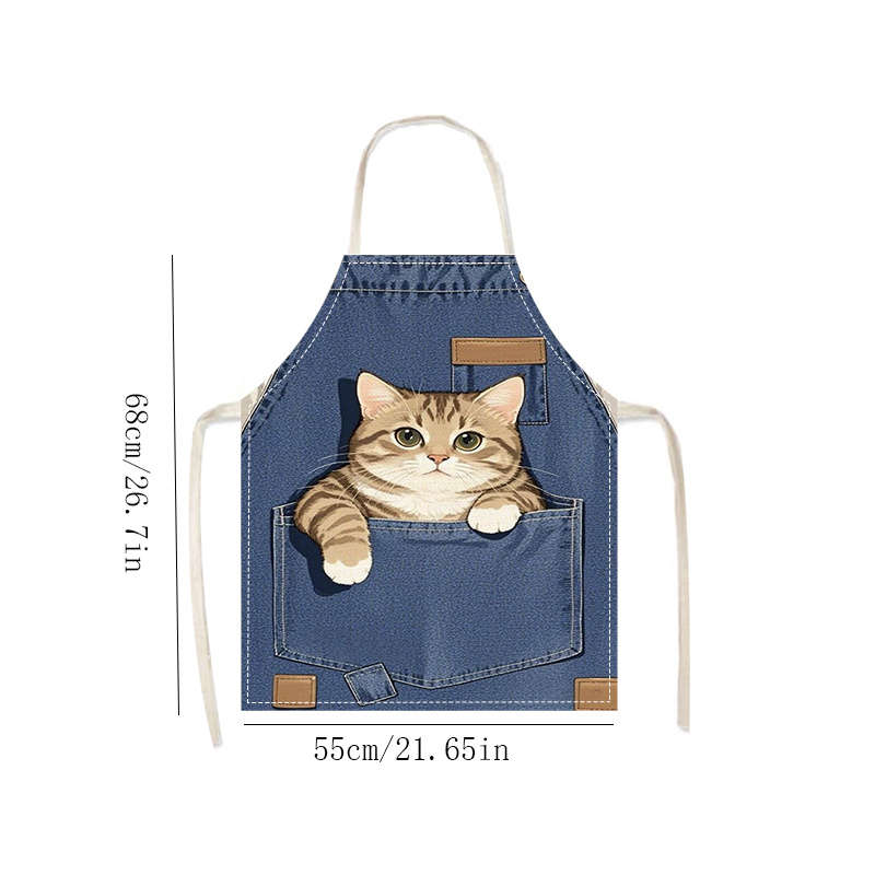 1pc Adult-Sized Linen Apron with Cute Cat in Pocket Design Sleeveless Blue Denim Kitchen Wear Ide