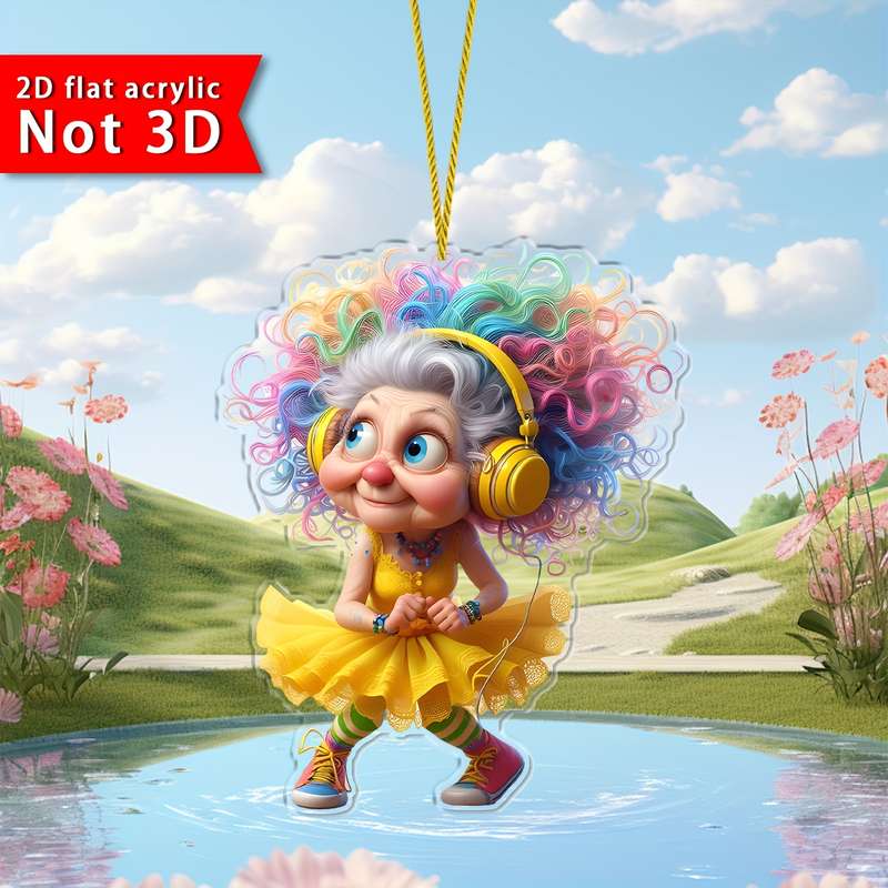 1pc 2D Flat    Acrylic Pendant Whimsical Bohemian Grandma Charm with Colorful Hair Headpho