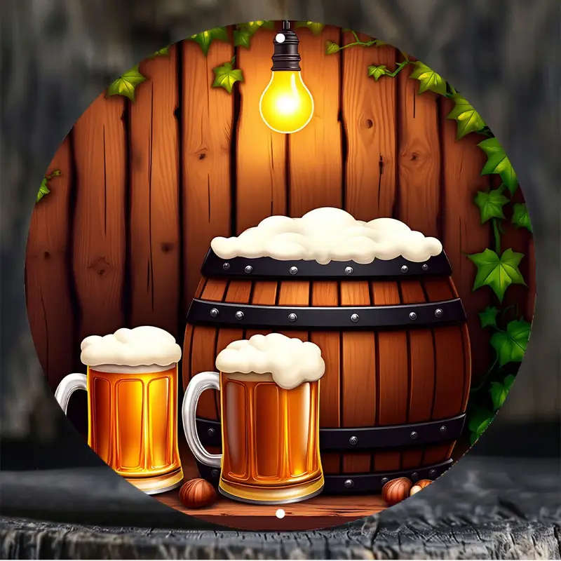 1 8" Round Aluminum Sign With Beer Mug And Barrel Design