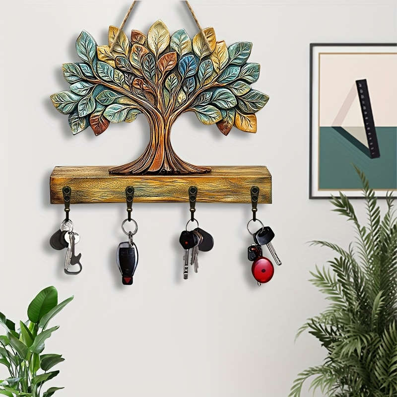 1pc Colorful Tree of Life Wooden Key Hook with Four Metal Hooks Rustic Wall-Mounted Home Decor 30.