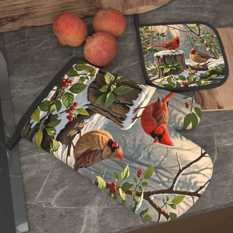 2pcs Set Cardinal Red Berries Green Leaves Oven Mitts and Pot Holders Heat Resistant Machi