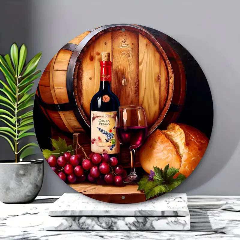 1pc Bottle of Wine And a Glass of Red Wine Next to a Wreath Sign 8X8 Inch 20Cmx20Cm Round Aluminum S