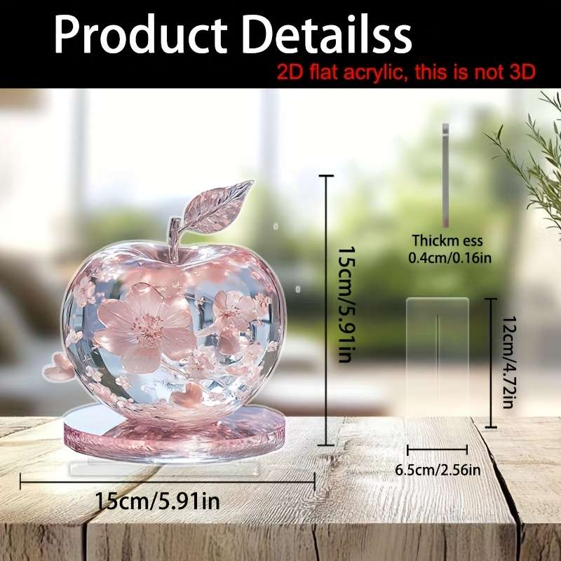 1pc 2D Flat  Acrylic Apple Decor with Pink Flowers Crystal Tabletop Ornament for Bedroom Living R