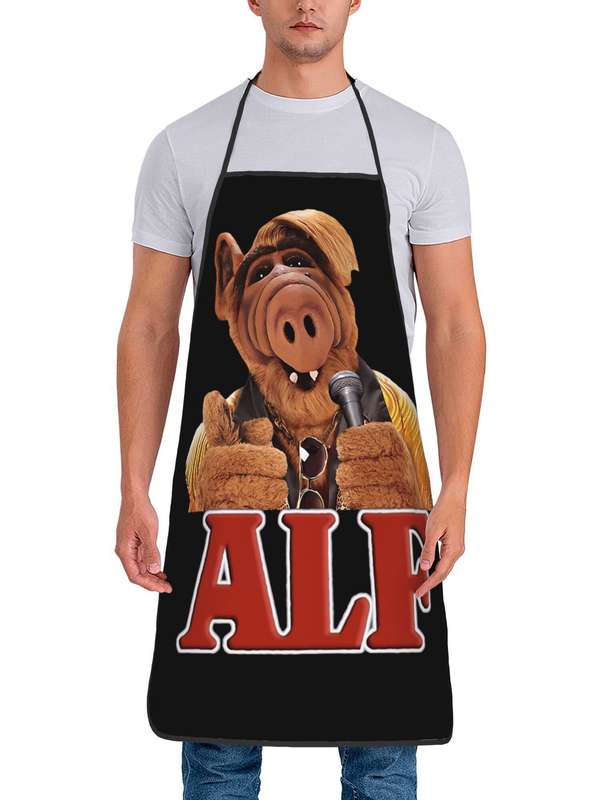 1pc Vintage-Style Anime Pig Adjustable Cooking Apron 100% Polyester Black with Red Yellow Cart