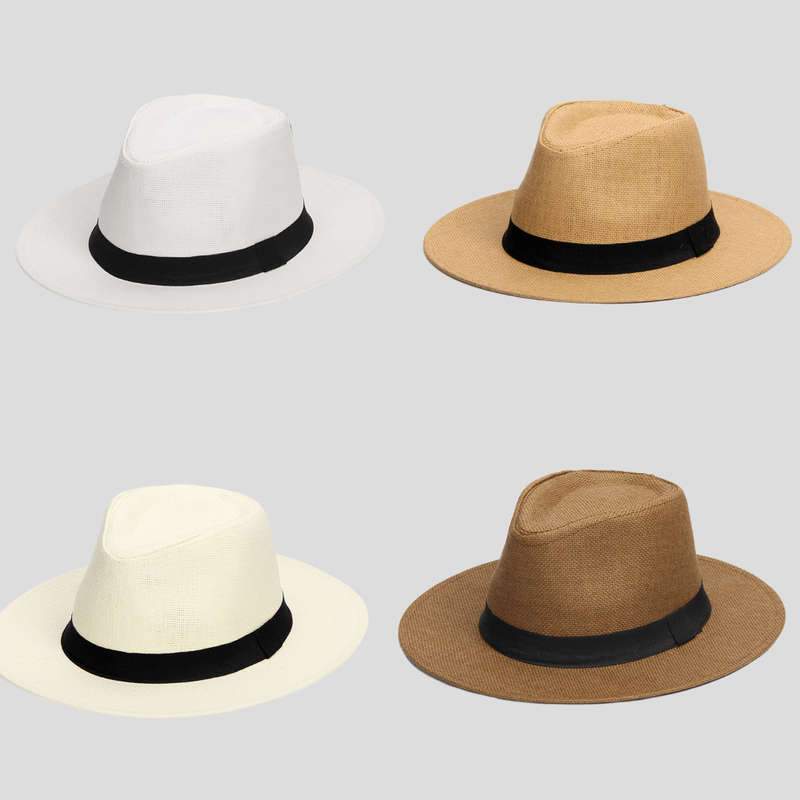 1pc Men'S Woven Straw Jazz Hat with Decorative Ribbon Elegant Wide-Brim Vintage Style for Outdo