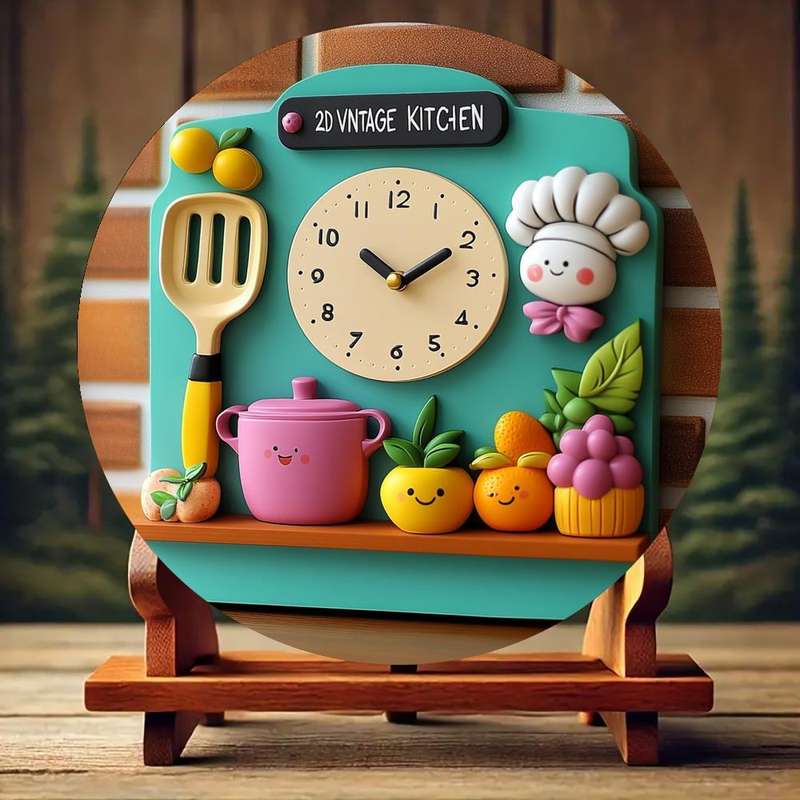 1pc 2D Retro Kitchen Wall Clock Vintage-Inspired Aluminum Decor with Playful Kitchen Not real clock