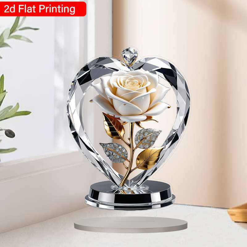 1pc 2D Flat   Acrylic Heart-Shaped White Rose with Golden Leaves Stems Elegant Home Decor for