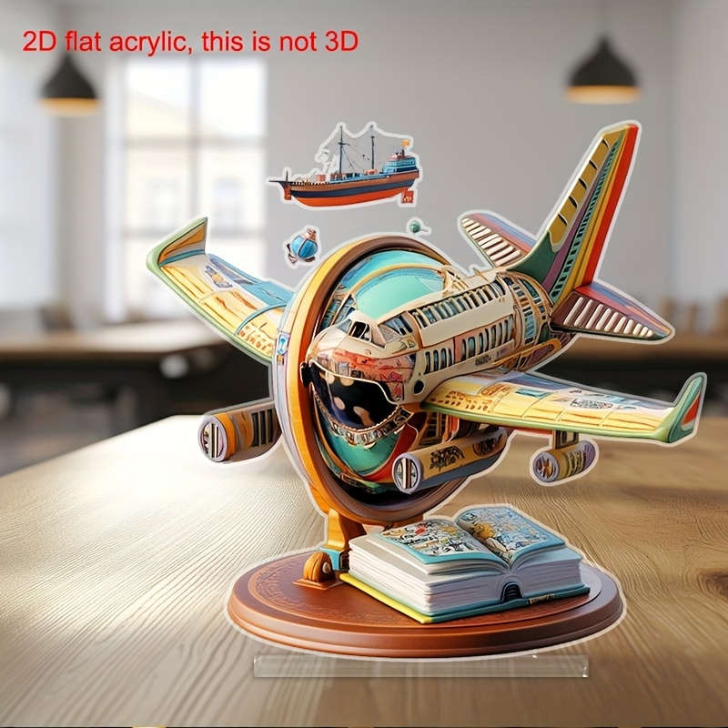 1pc 2D Flat  Vibrant Acrylic Airplane Globe Tabletop Decor Colorful Rainbow Design Perfect for