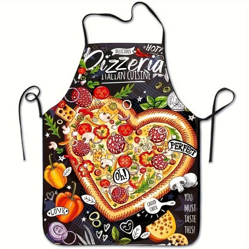 1pc Pizza Print Polyester Apron Durable Sleeveless Kitchen Apron with Vibrant Pizza Design E