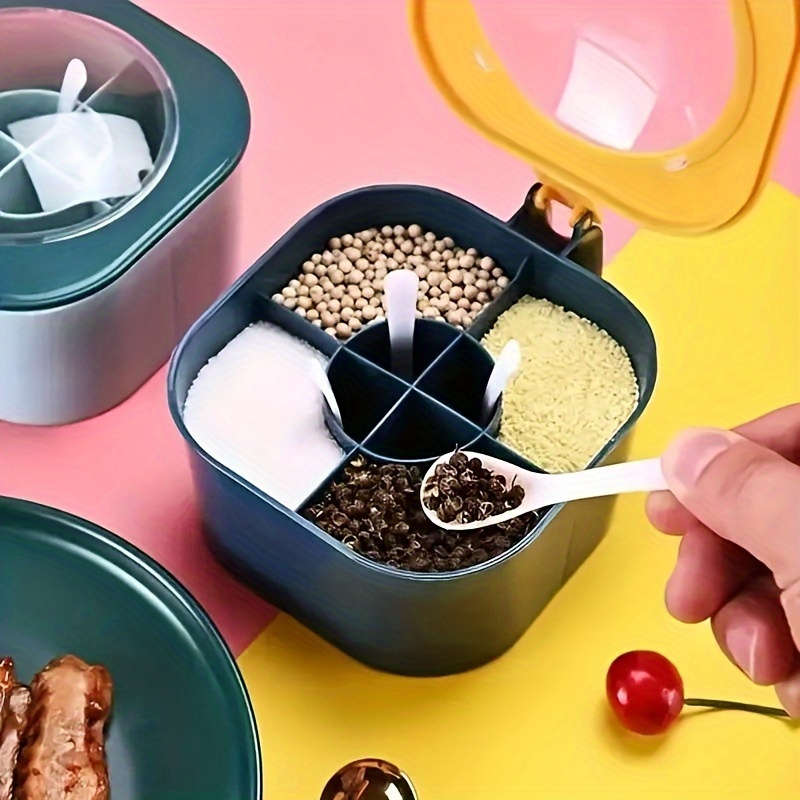 1pc 4-in-1 Large Capacity Seasoning Box with Lid and Spoon Durable ABS Material Four Compar