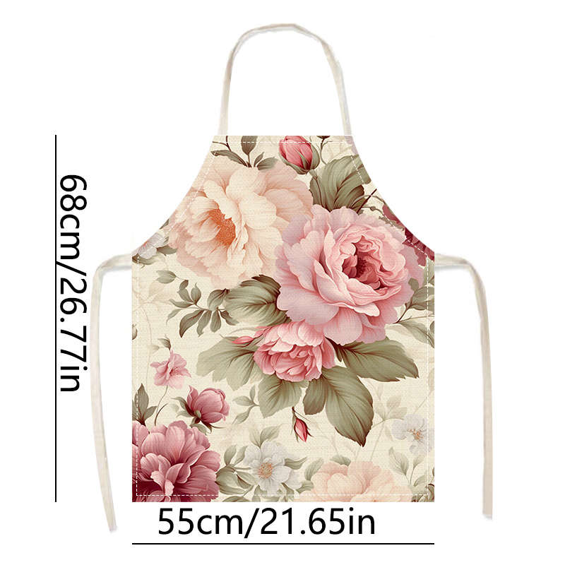 1pc Elegant Floral Linen Apron Peony Blossom Print Lightweight Durable for Cooking Baki