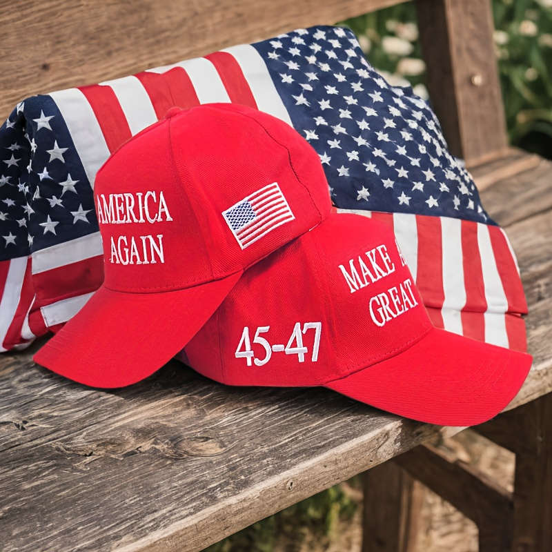 1pc Patriotic 2024 Cotton Baseball Cap Red with Make America Great Again 45-47 Print All-Se