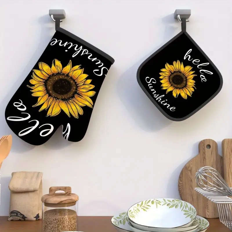 2pcs Sunflower Heat-Resistant Oven Mitts and Potholders Set 26.92*17.02 cm Polyester Machine Washabl