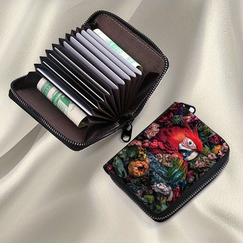1pc Tropical Parrot Print Womens Wallet Vibrant Floral Bird Design Multi-Card Slots Zipp