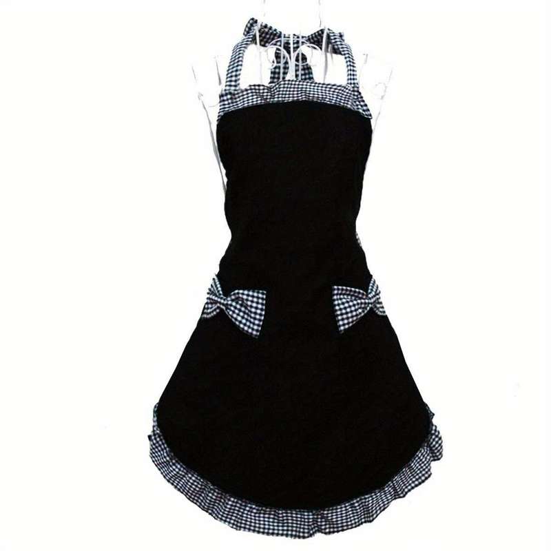 1pc Elegant Black and White Bow Apron Stain-Resistant Adjustable Straps Polyester Perfect for
