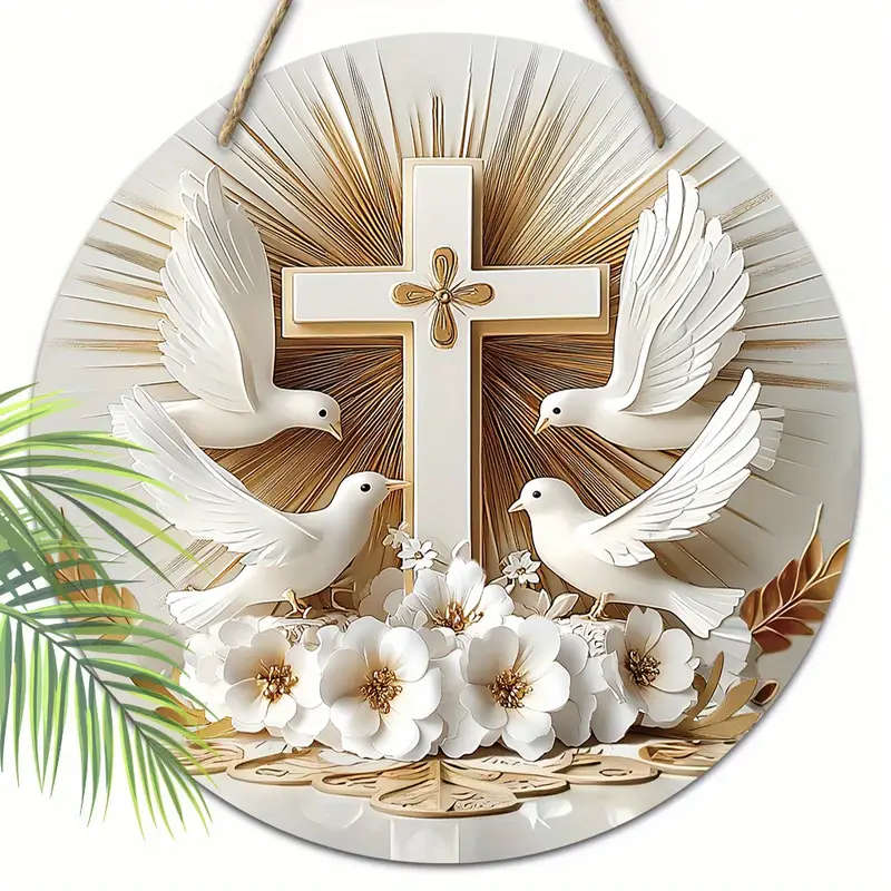 1pc Rustic Wooden Cross and Dove Wreath Sign 19.99cmx19.99cm Round Religious Wall Decor with Hanging