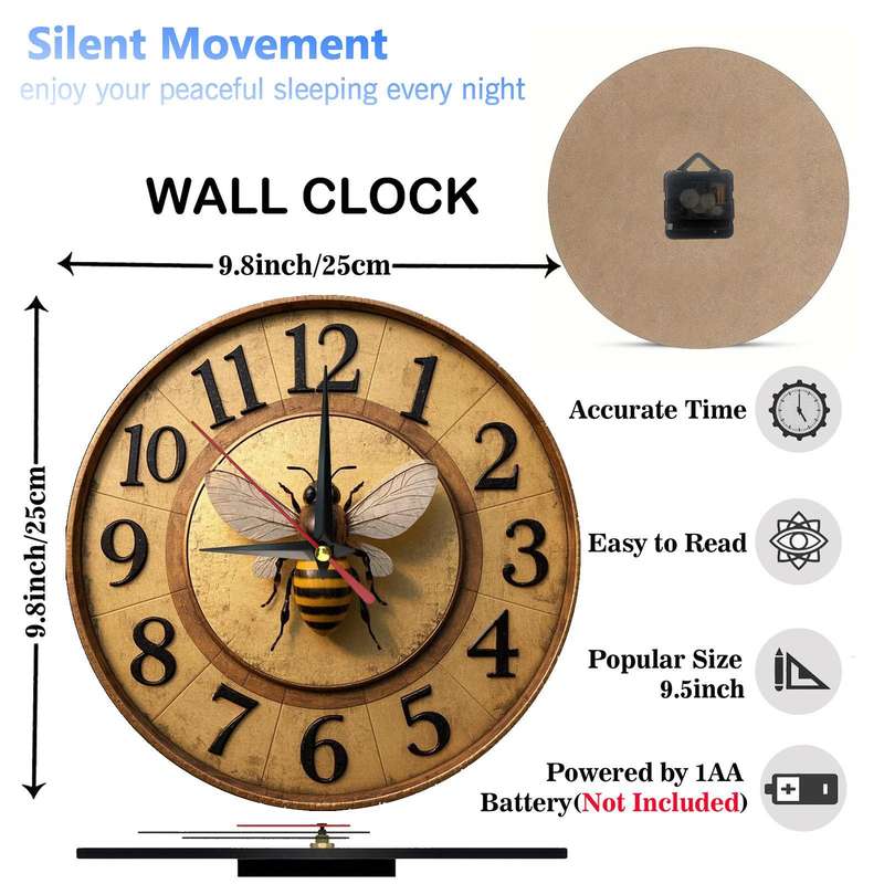 1pc Vintage Bee-Themed Wooden Round Wall Clock Silent Non-Ticking Farmhouse Decor for Kitchen Be
