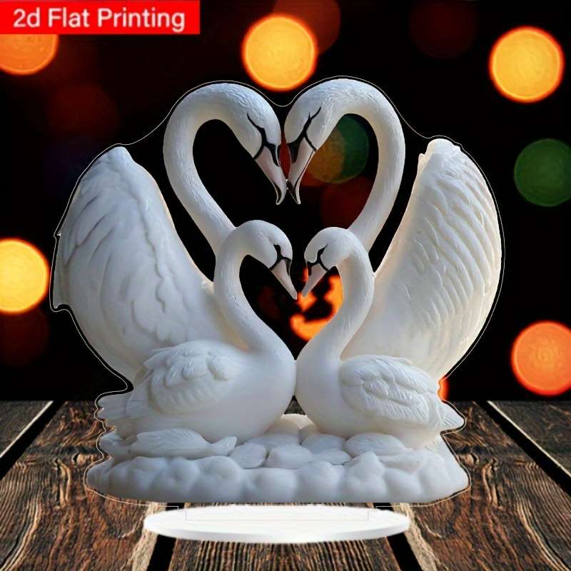 1pc 2D Flat   Acrylic Swan Couple Heart Sculpture Elegant Desktop Decor with Display Stand Rom