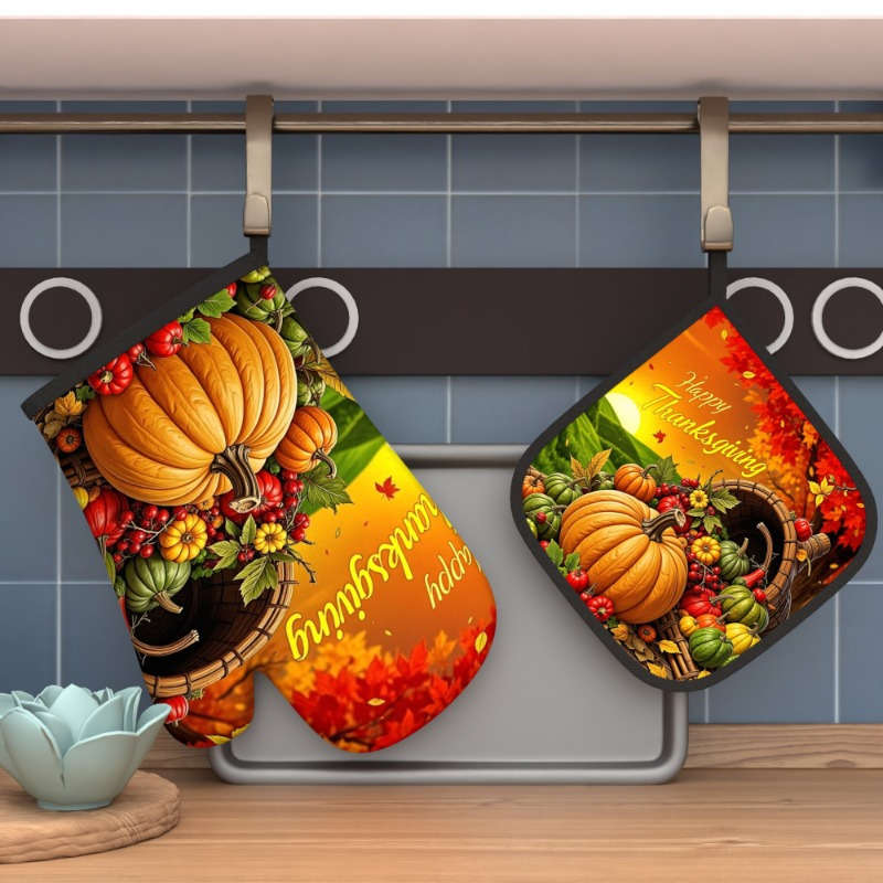 2pcs Autumn Harvest Heat-Resistant Oven Mitts 26.92x17.02 cm Vibrant Pumpkin Vegetables De