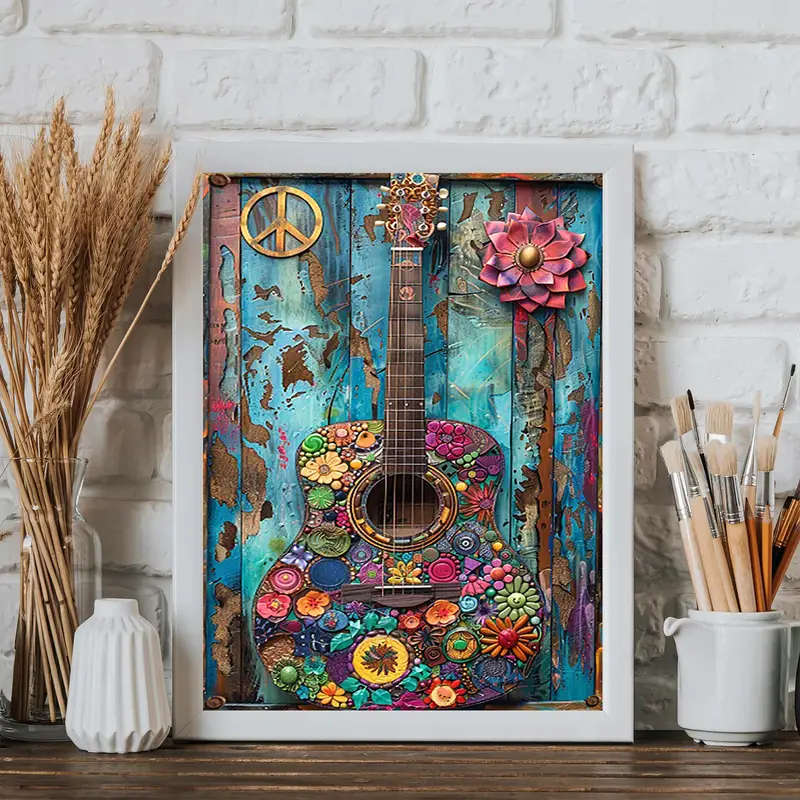 1pc Boho Chic Vintage Guitar Canvas Art Print Colorful Hippie Style Wall Decor Unframed Poster for H