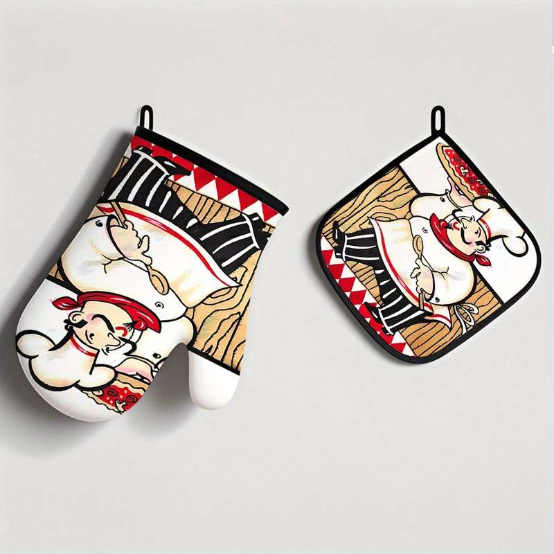 2 piece set Kitchen Oven Gloves and Hot Pads Pizza Chef Design for Kitchen Cooking Baking and