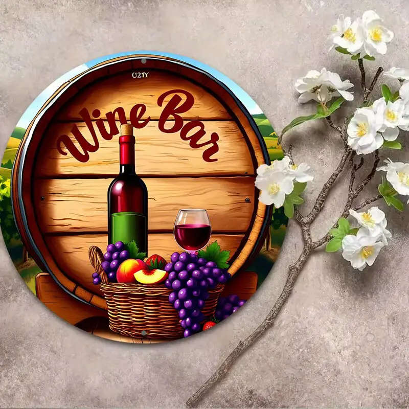 1pc Bottle of Wine And a Basket of Fruit in Front of a Wreath Sign 8-Inch Round Aluminum Sign Perfec